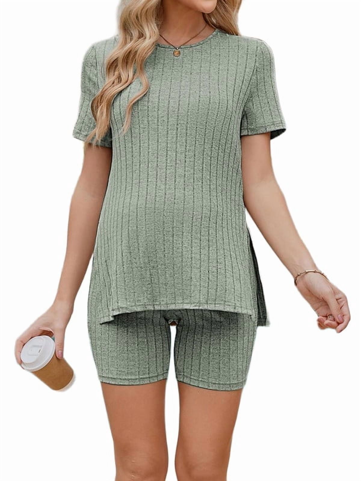 Weardear Maternity Outfits Set 2 Piece Matching Sets Ribbed Knit Side Split Short Sleeve Shirts and Biker Shorts Pregnancy Loungewear