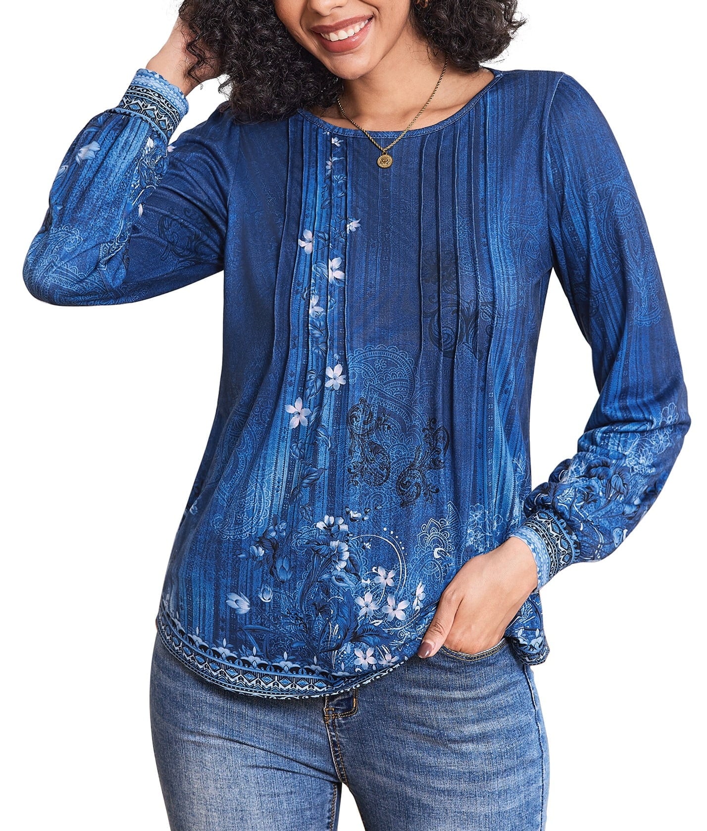 Weardear Women's Fall Blouses Puff Long Sleeve Pleated Crew Neck Tunic Tops Dressy Casual Loose Work T-Shirts