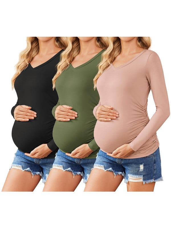 Weardear 3 Pack Maternity Shirt Long Sleeve Side Ruched Pregnancy Tunic Tops Casual V Neck T Shirts for Women