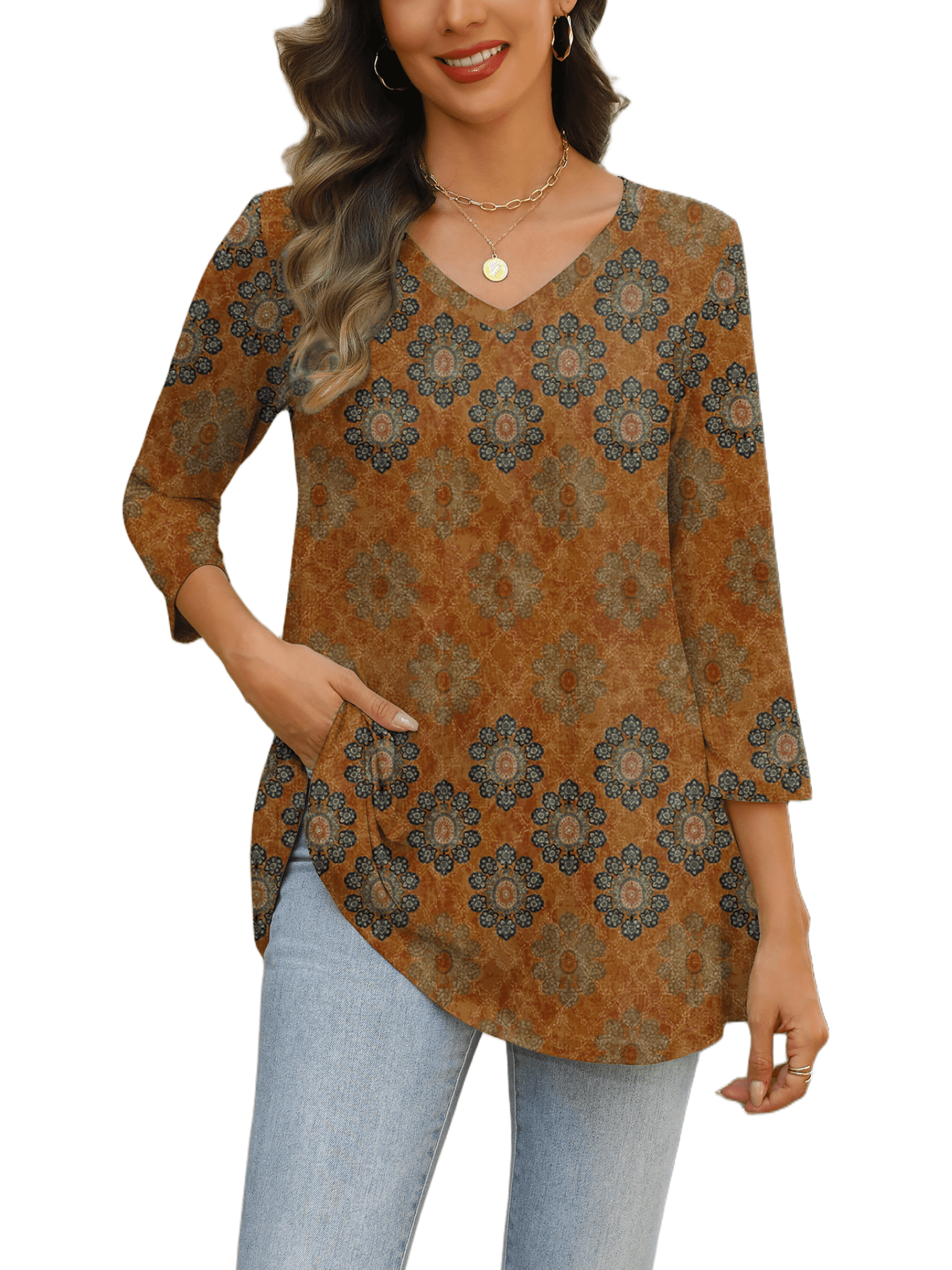 Weardear Womens V Neck 3/4 Sleeve Dressy Blouses Casual Loose Fit Tunic Tops Boho Business Blouses