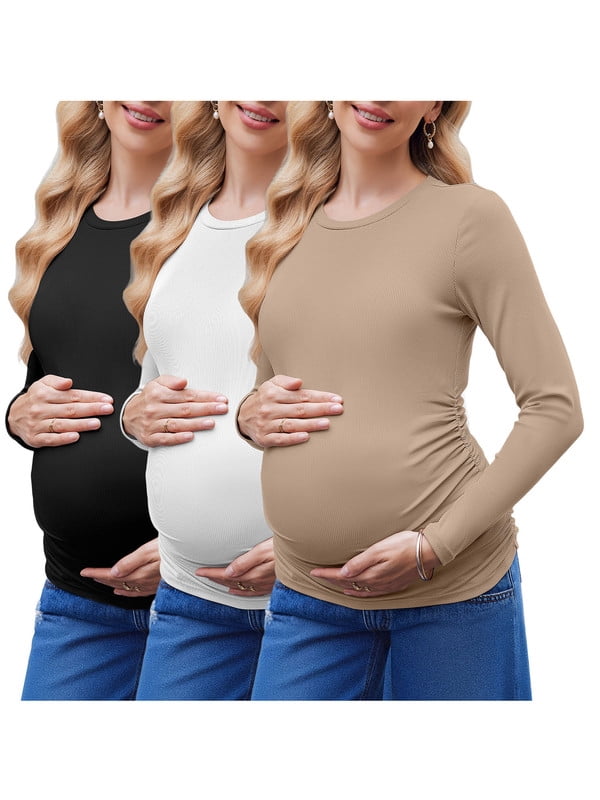 Weardear 3 Pack Maternity Shirts Ruched Side Long Sleeve Pregnancy Basic T-Shirt Casual Round Neck Pregnant Tops