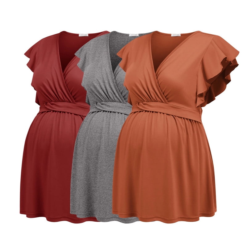Weardear 3 Pack Maternity Tops Flying Shorts Sleeve Nursing Shirts V Neck Ruched Twisted Pregnancy Clothes