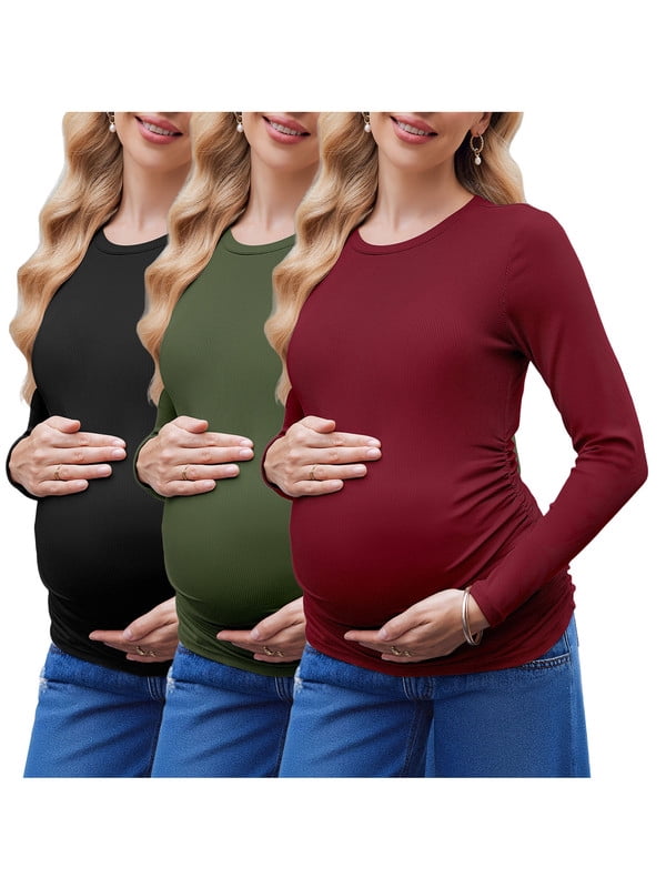 Weardear 3 Pack Maternity Shirts Ruched Side Long Sleeve Pregnancy Basic T-Shirt Casual Round Neck Pregnant Tops
