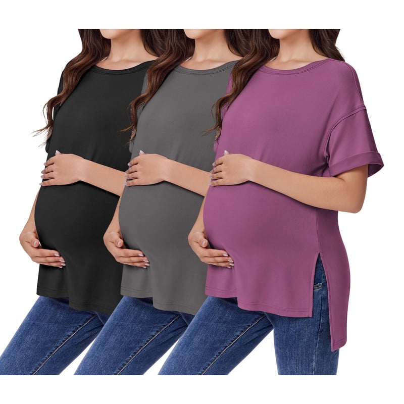 Weardear 3 Pack Maternity Shirts Split Side Oversized Pregnancy Tops Crew Neck Short Sleeve Postpartum Clothes