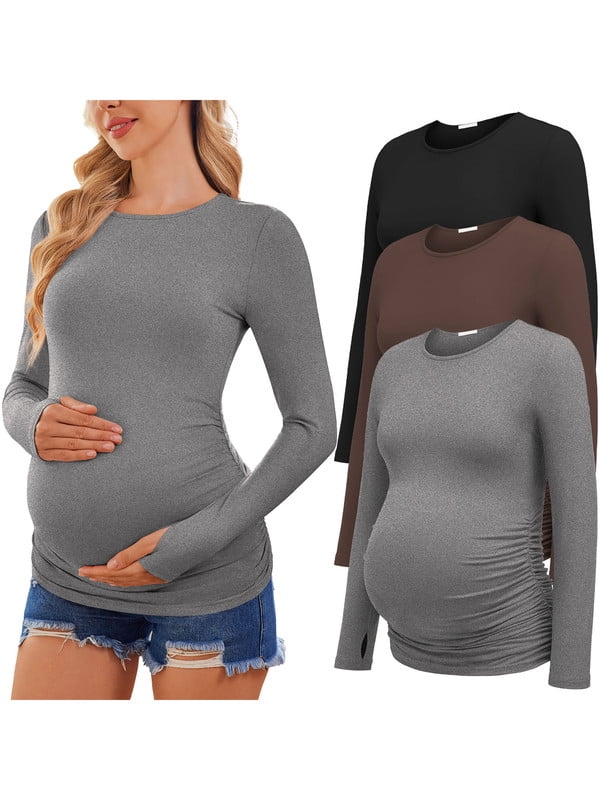 Weardear 3 Pack Maternity Shirts Long Sleeve Side Ruched Pregnancy Workout Tops with Thumb Hole Casual Crew Neck Tshirts for Women