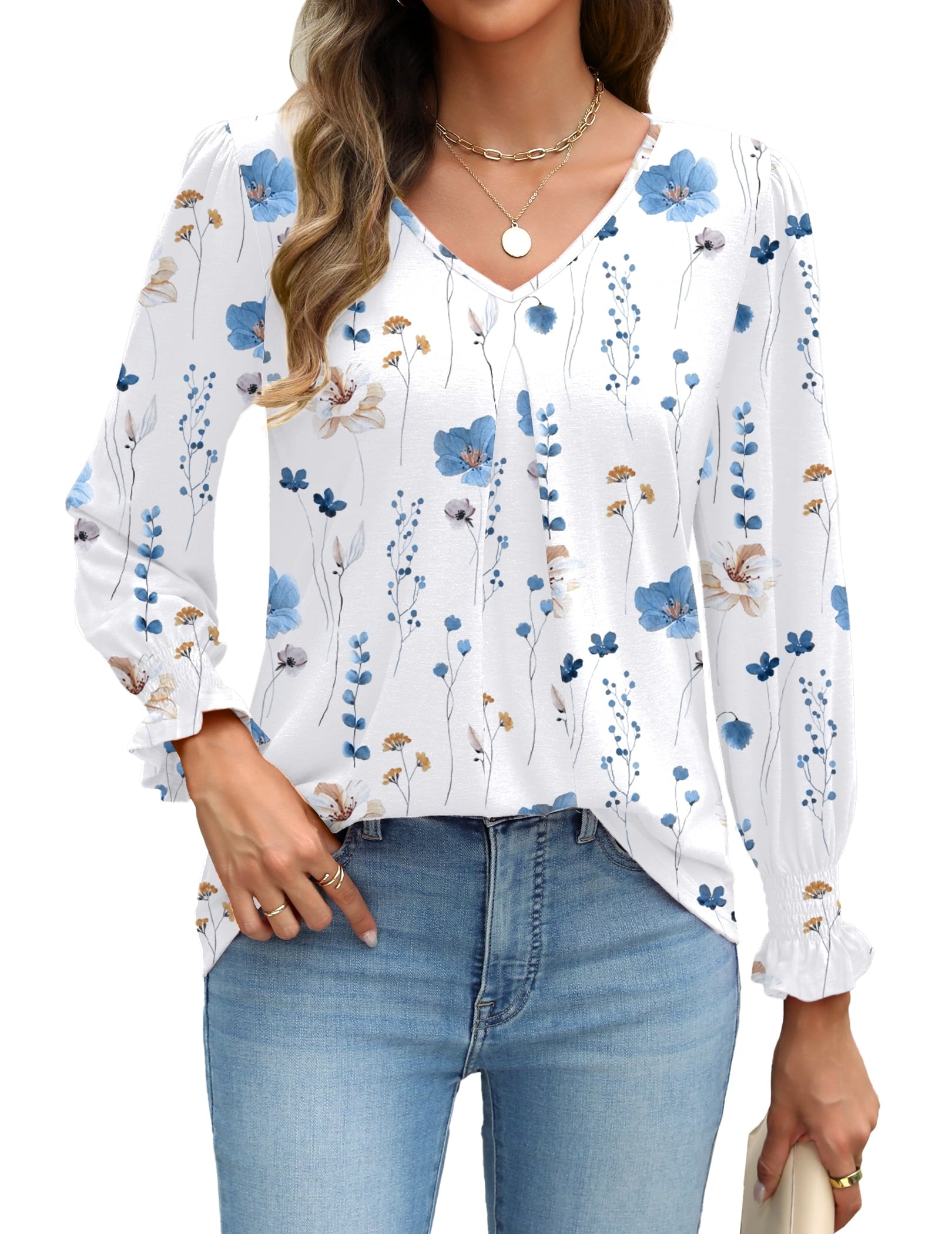 Weardear Long Sleeve Tops for Women Casual V Neck Loose Chiffon Work Blouse Smocked Tunic Shirts