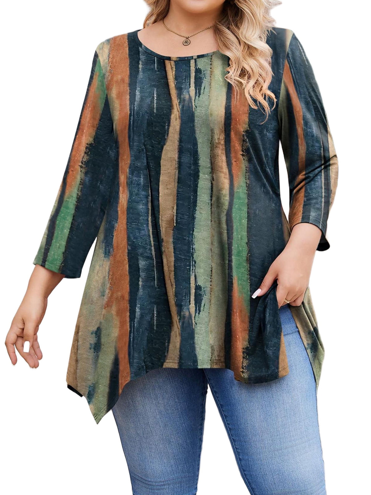 Weardear Plus Size Tops for Women 3/4 Sleeve Round Neck Tunic Top Loose Fit Flowy Blouse