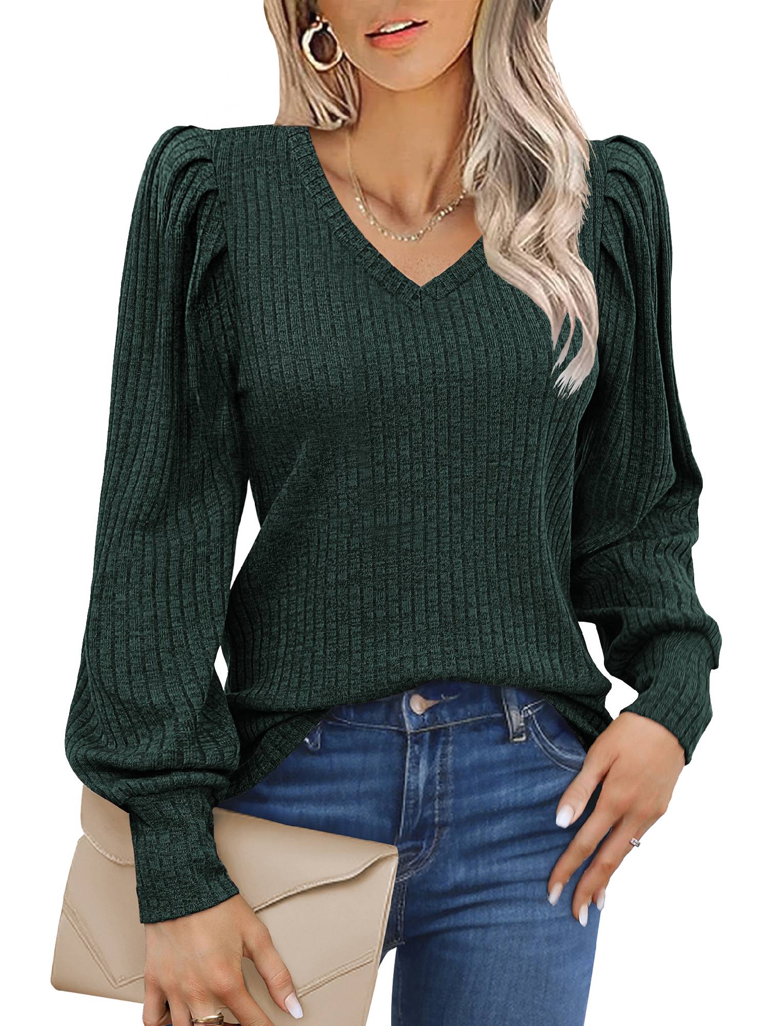 Weardear Puffy Sleeves Knit Tops for Women Long Sleeve Soft Sweater Pullover V Neck Lightweight Blouse