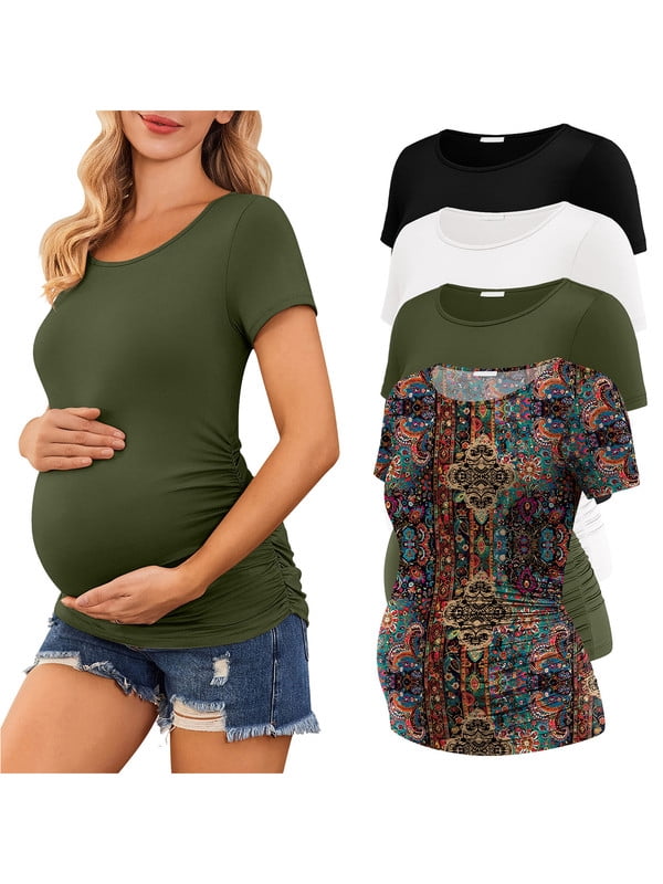 Weardear 4 Packs Maternity Tops Side Ruched Short Sleeve Pregnancy Tunic T Shirts Crew Neck Casual Maternity Clothes