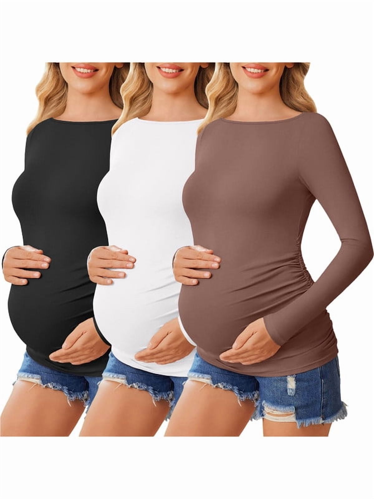 Weardear 3 Packs Maternity Tops Long Sleeve Boat Neck Pregnancy Tunic T Shirts Side Ruched Casual Pregnant Clothes