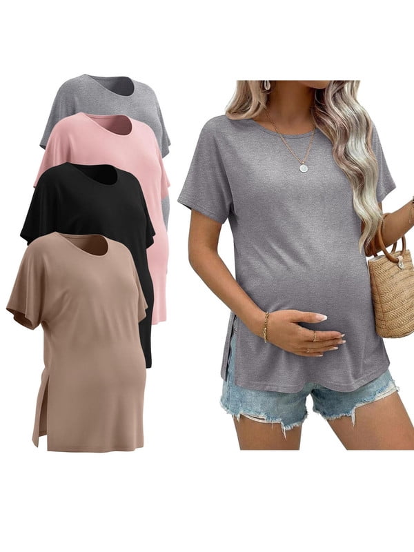 Weardear 4 Packs Maternity Shirts Crew Neck Batwing Short Sleeve Pregnancy Tunic Tops Split Side Summer T Shirt for Women