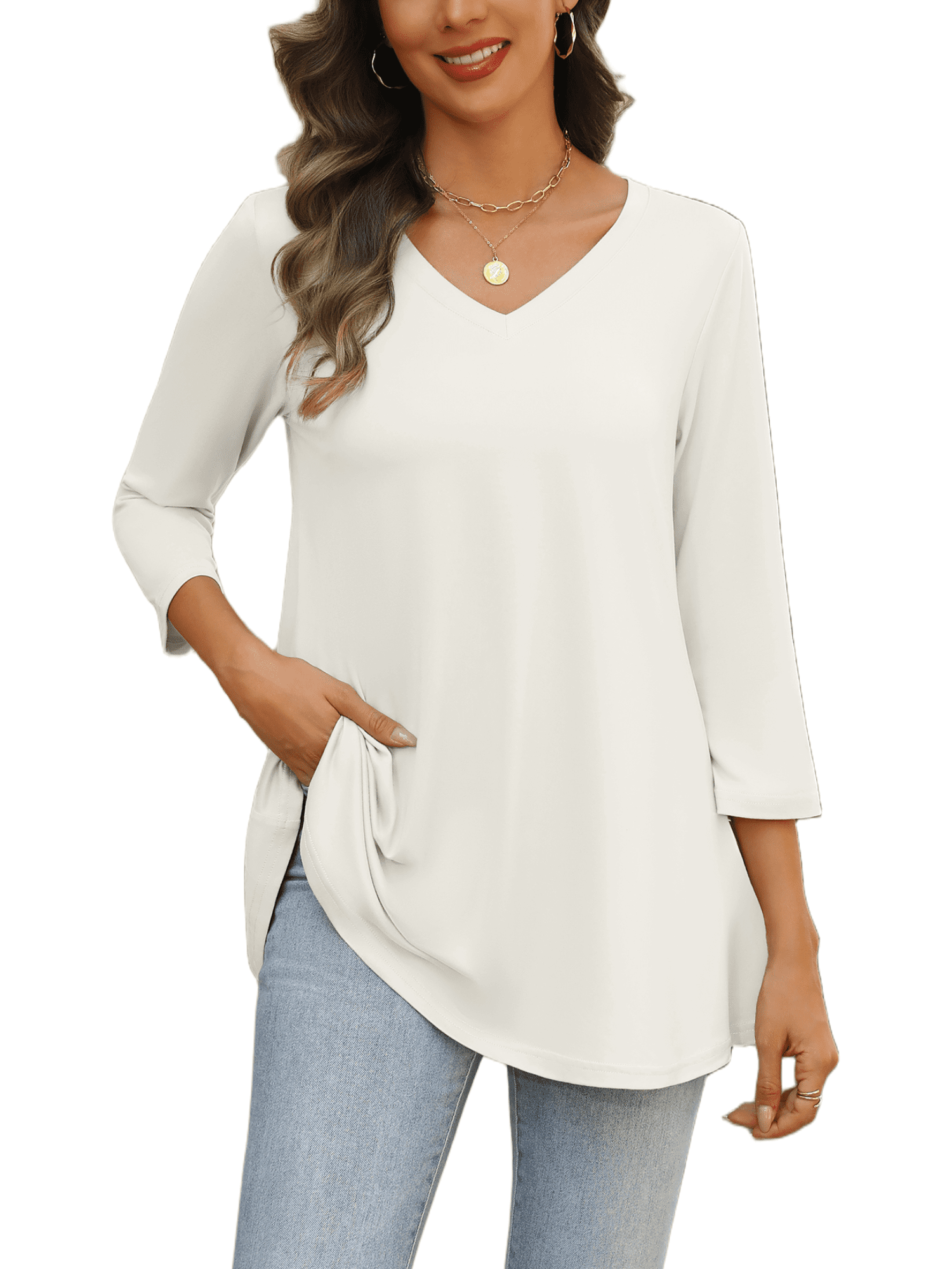 Weardear Womens V Neck 3/4 Sleeve Dressy Blouses Casual Loose Fit Tunic Tops Boho Business Blouses
