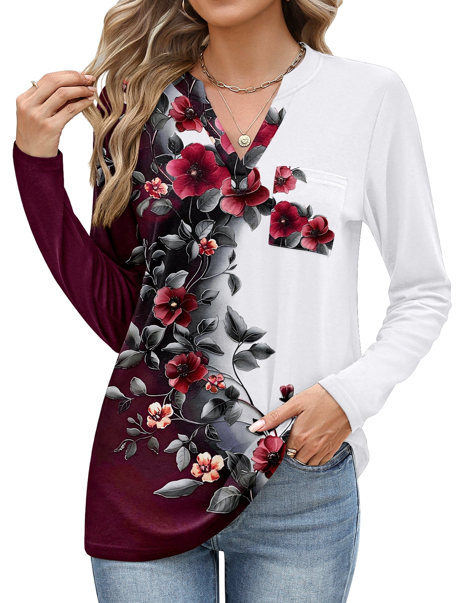 Weardear Women's V Neck 3/4 Sleeve T Shirts Casual Basic Summer Tees Shirts Loose Fit Tunic Tops