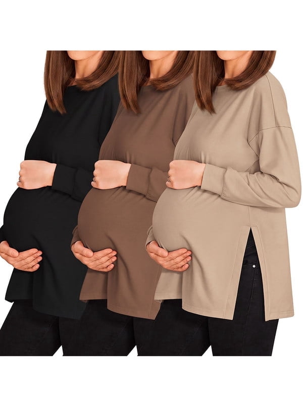 Weardear 3 Pack Maternity Shirts Womens Long Sleeve Split Side Tunic Tops Drop Shoulder T Shirt Casual Pregnancy Clothes