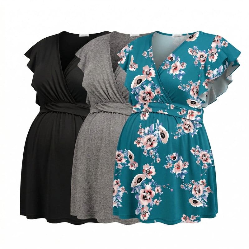 Weardear 3 Pack Maternity Tops Flying Shorts Sleeve Nursing Shirts V Neck Ruched Twisted Pregnancy Clothes