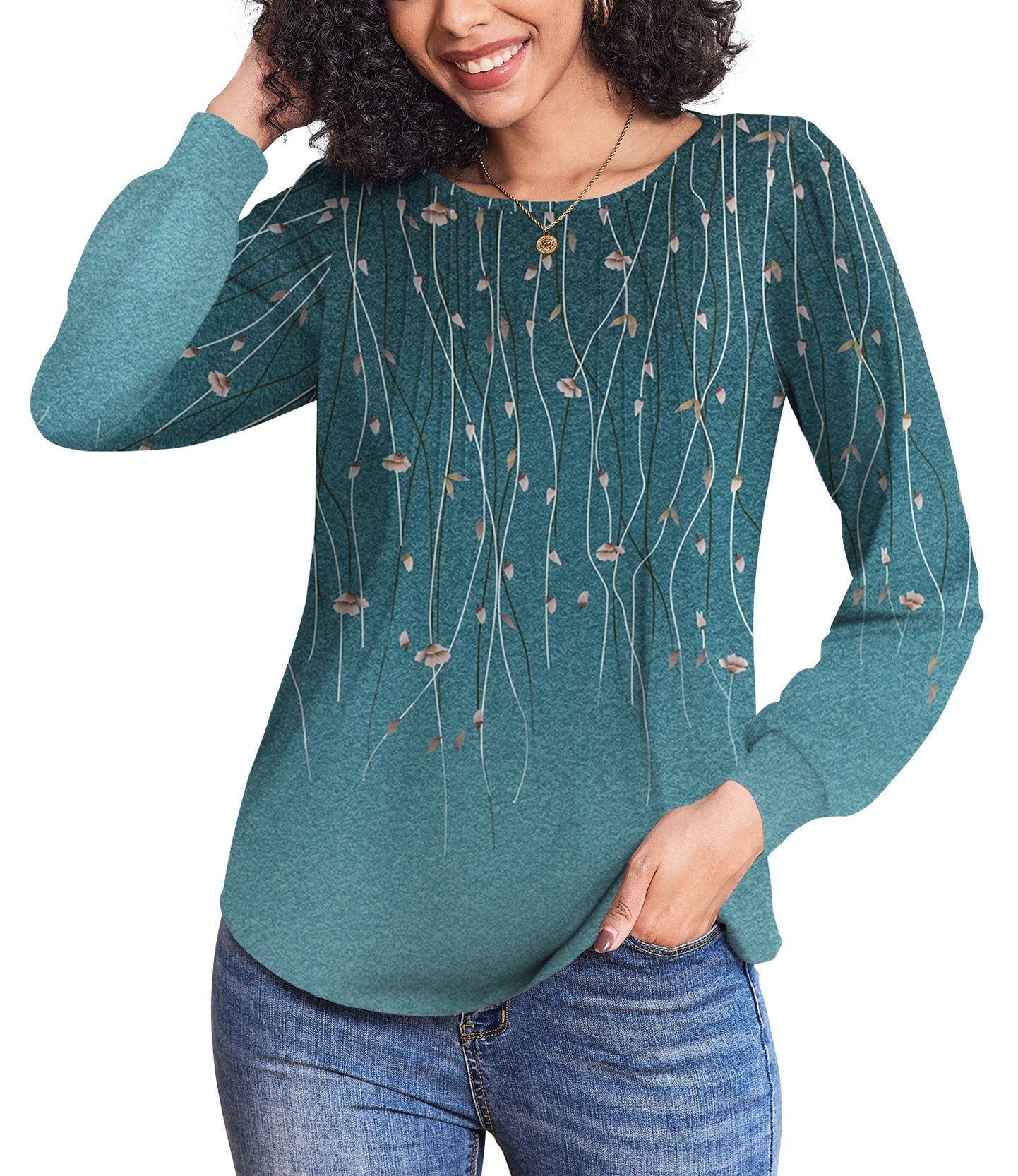 Weardear Women's Fall Blouses Puff Long Sleeve Pleated Crew Neck Tunic Tops Dressy Casual Loose Work T-Shirts