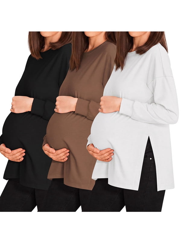 Weardear 3 Pack Maternity Shirts Womens Long Sleeve Split Side Tunic Tops Drop Shoulder T Shirt Casual Pregnancy Clothes