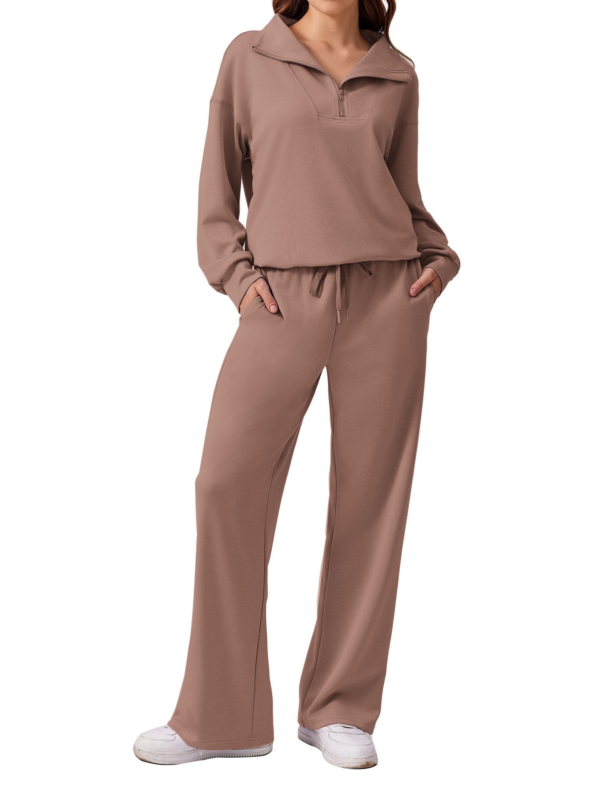Weardear Petite 2 Piece Matching Outfit Set for Women Half Zip Long Sleeve Sweatshirt and Wide Leg Sweatpants with Pockets Casual Tracksuit