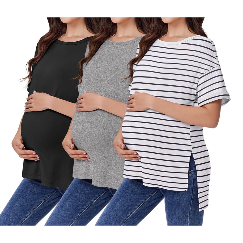 Weardear 3 Pack Maternity Shirts Split Side Oversized Pregnancy Tops Crew Neck Short Sleeve Postpartum Clothes