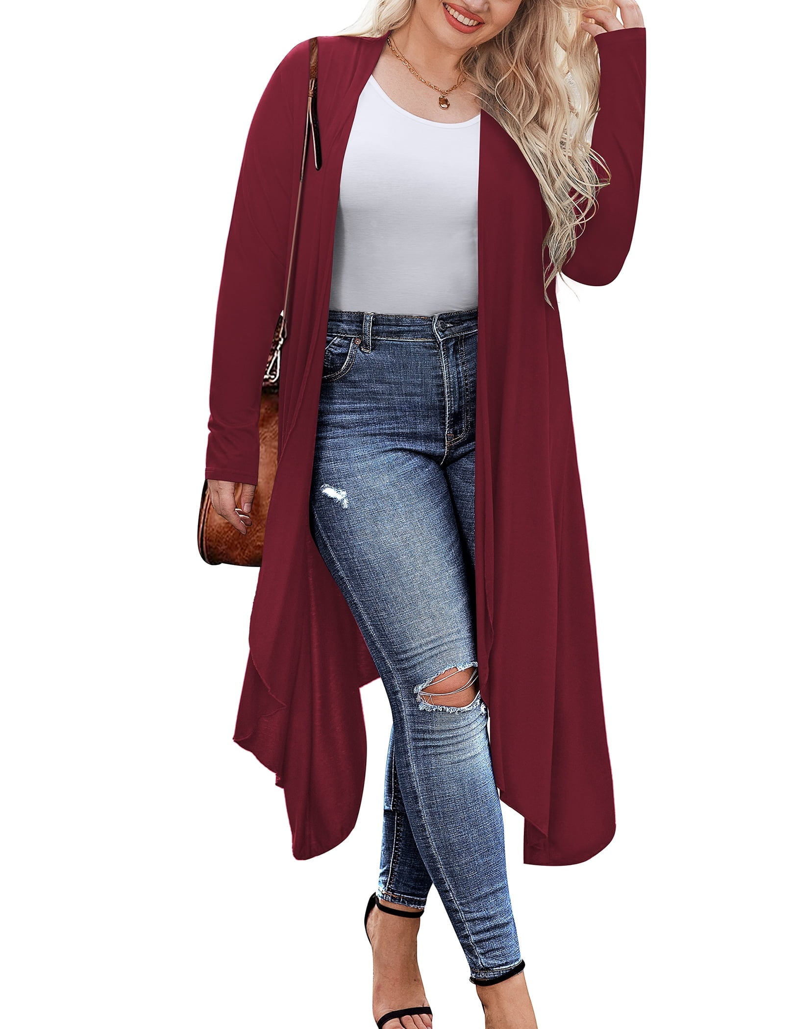 Weardear Women's Plus Size Long Cardigans Long Sleeve Plaid Duster Cardigan Lightweight Sweater