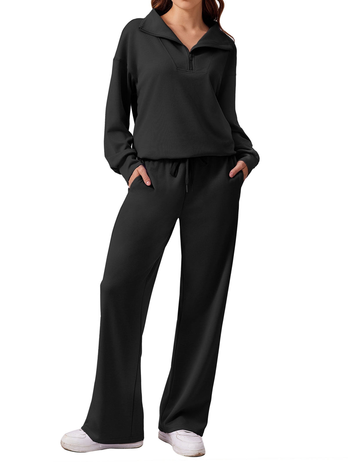 Weardear Tall 2 Piece Matching Outfit Set for Women Half Zip Long Sleeve Sweatshirt and Wide Leg Sweatpants with Pockets Casual Tracksuit