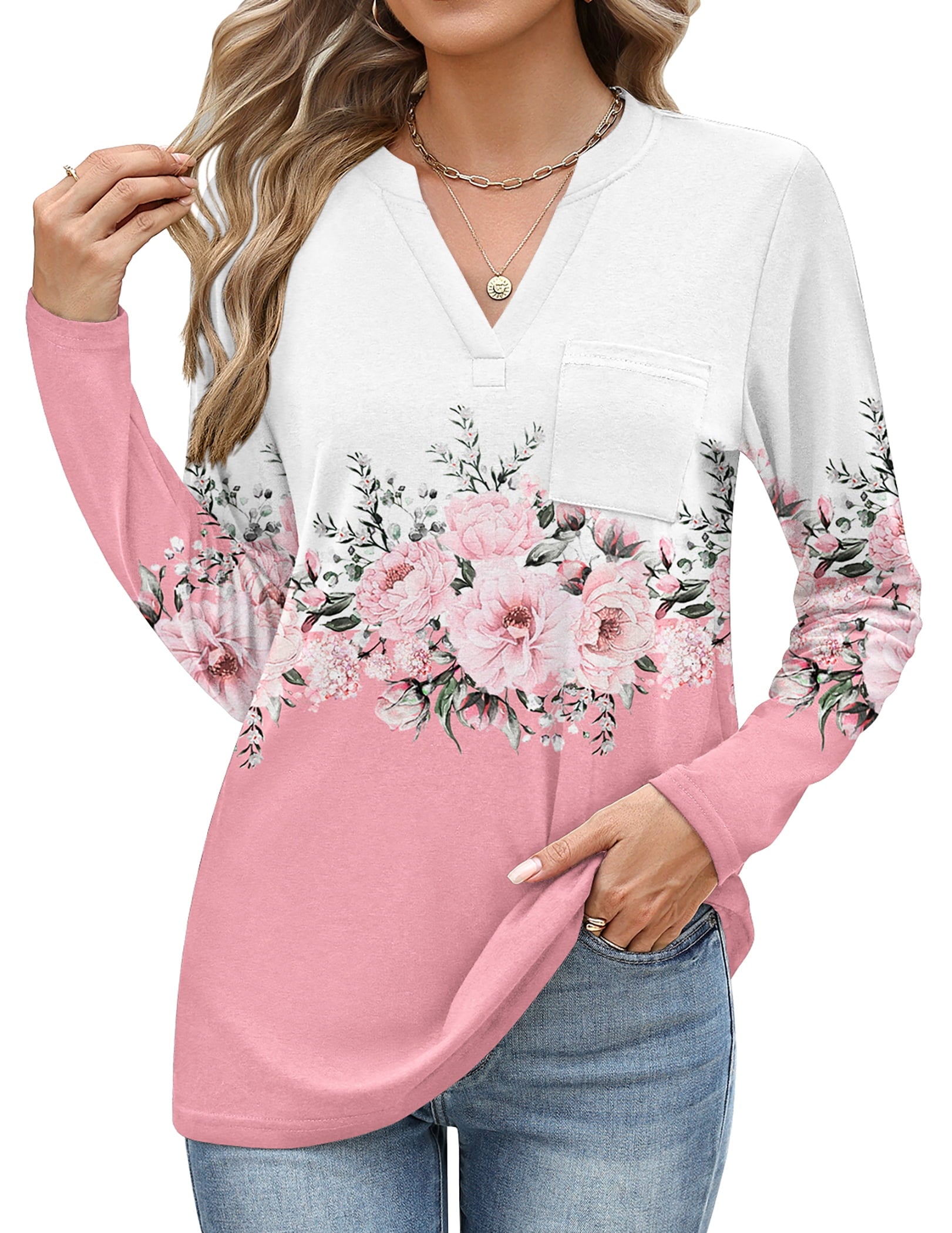 Weardear Women's V Neck 3/4 Sleeve T Shirts Casual Basic Summer Tees Shirts Loose Fit Tunic Tops