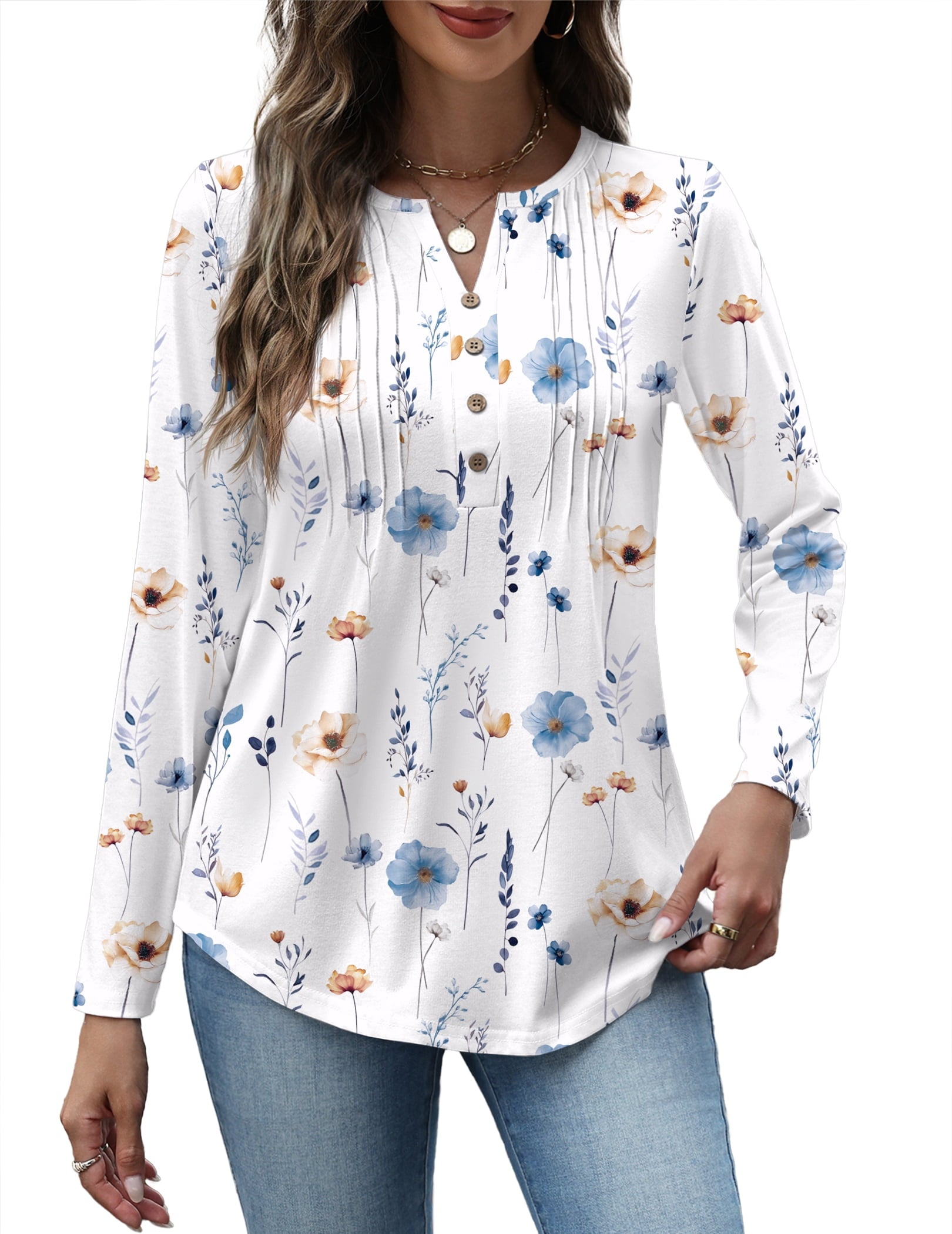 Weardear Women V Neck Long Sleeve Shirt Button Casual Blouses Tunic Henley T Shirts