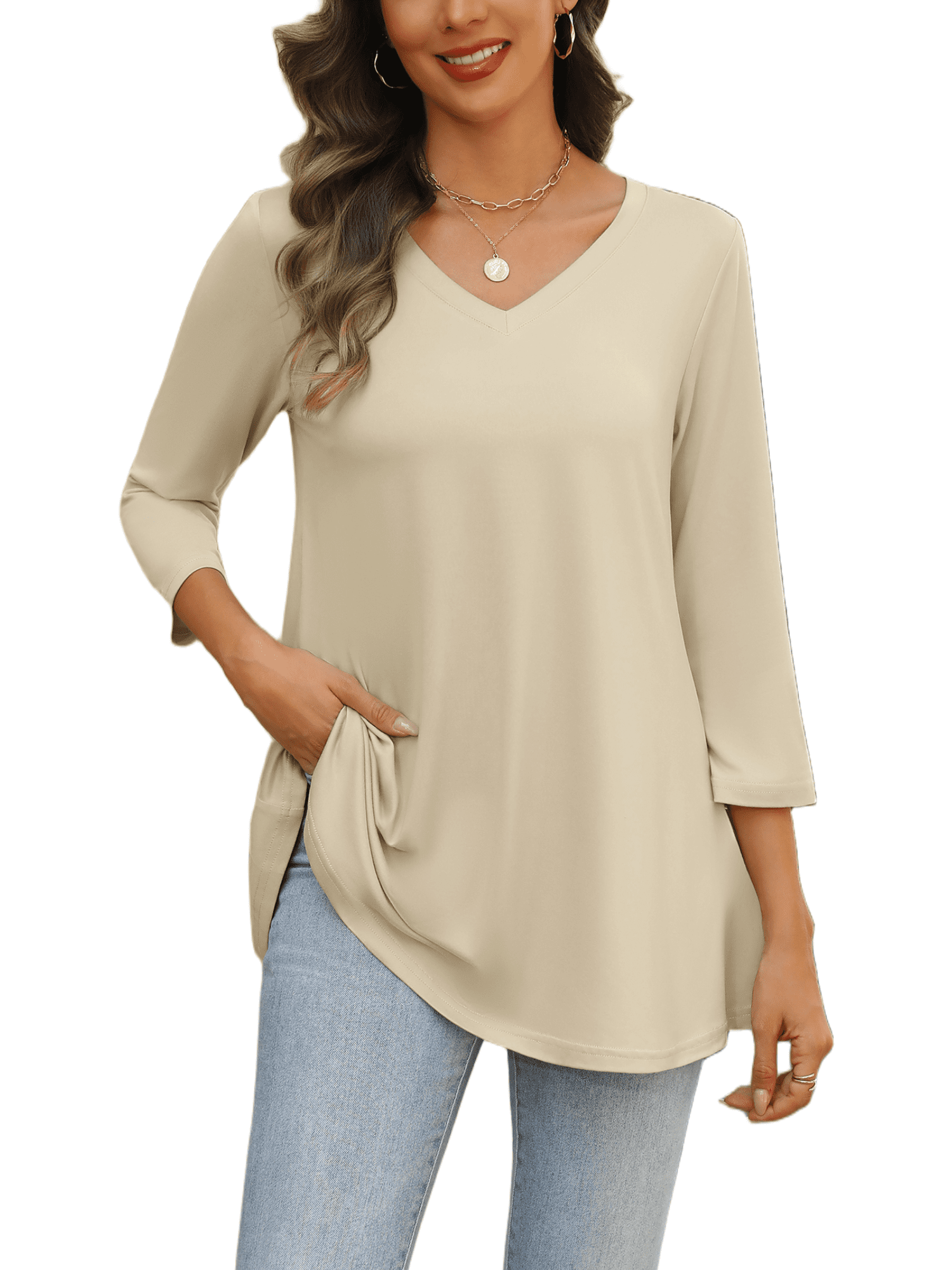 Weardear Womens V Neck 3/4 Sleeve Dressy Blouses Casual Loose Fit Tunic Tops Boho Business Blouses