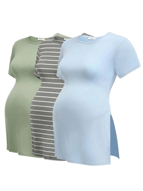 Weardear Maternity Shirts Side Split Tops Short Sleeve Crew Neck Tops(3 pack)