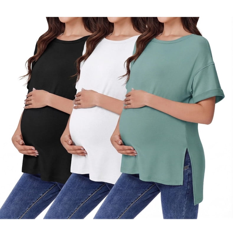 Weardear 3 Pack Maternity Shirts Split Side Oversized Pregnancy Tops Crew Neck Short Sleeve Postpartum Clothes