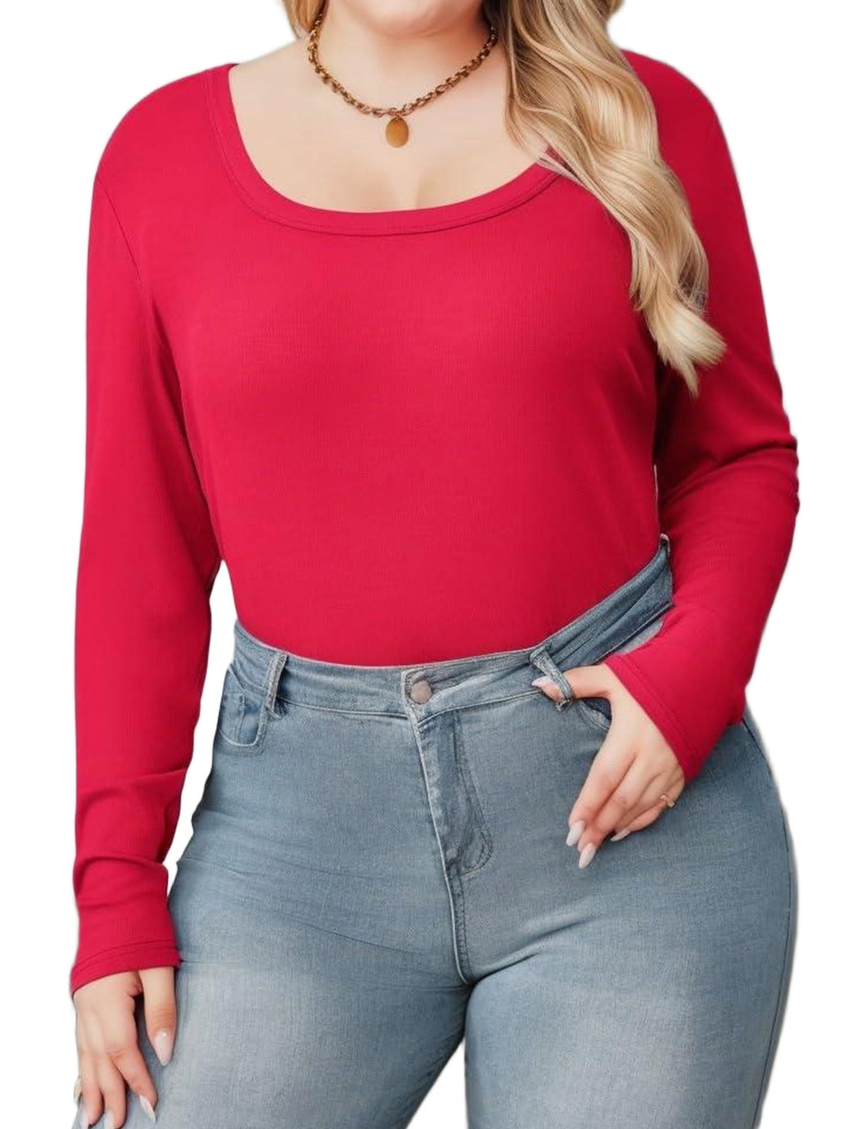 Weardear Plus Size Tops for Women Slim Fit Square Neck Ribbed Knit Tunic Shirts Long Sleeve Basic T-Shirt