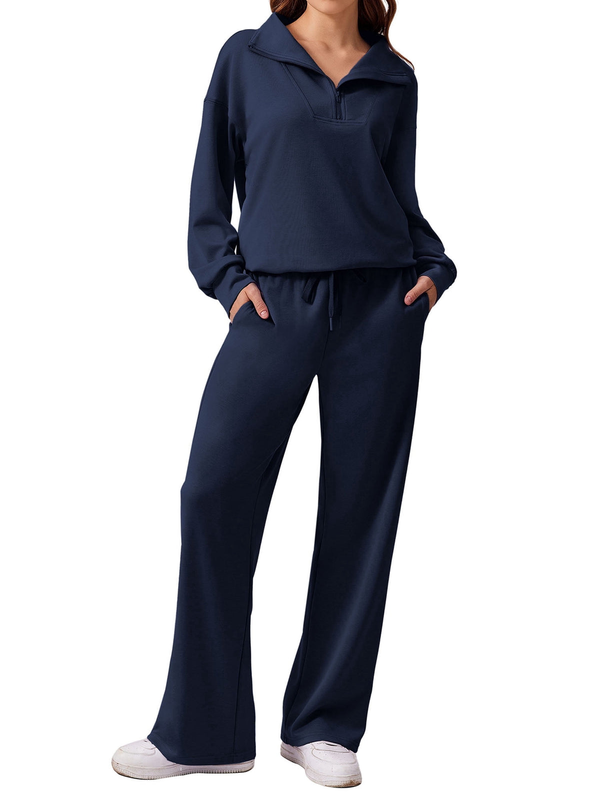 Weardear 2 Piece Matching Outfit Set for Women Half Zip Long Sleeve Sweatshirt and Wide Leg Sweatpants with Pockets Casual Tracksuit