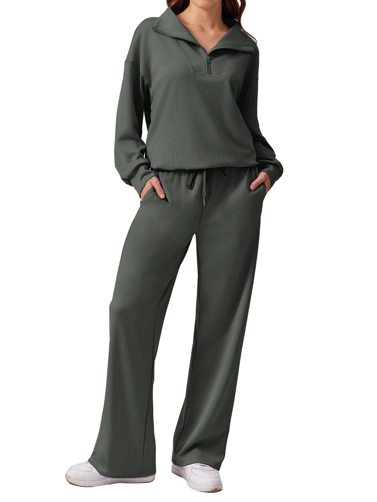 Weardear Tall 2 Piece Matching Outfit Set for Women Half Zip Long Sleeve Sweatshirt and Wide Leg Sweatpants with Pockets Casual Tracksuit