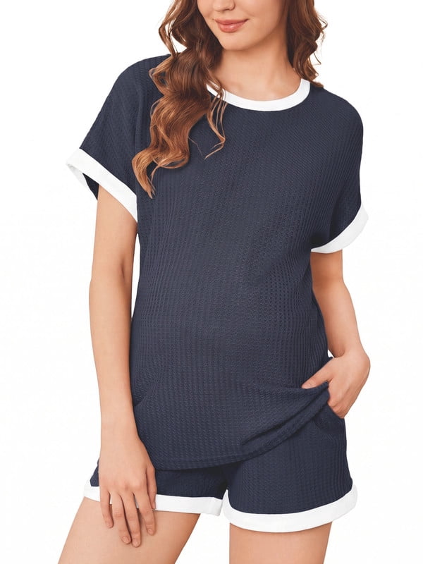 Weardear Maternity Outfits Set 2 Piece Matching Sets Waffle Knit Raglan Short Sleeve Tops and Shorts with Pockets Casual Pregnancy Loungewear