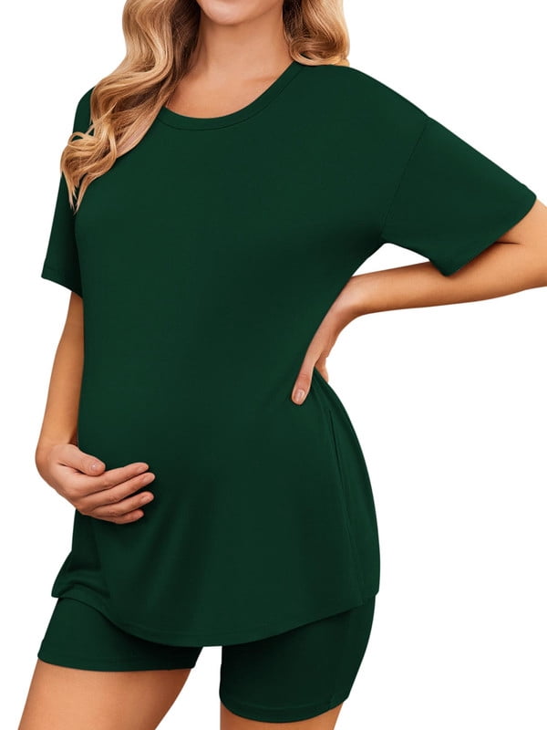 Weardear Maternity Sets 2 Piece Outfits Drop Shoulder Short Sleeve Split Side Shirts and Biker Shorts Summer Pregnancy Clothes