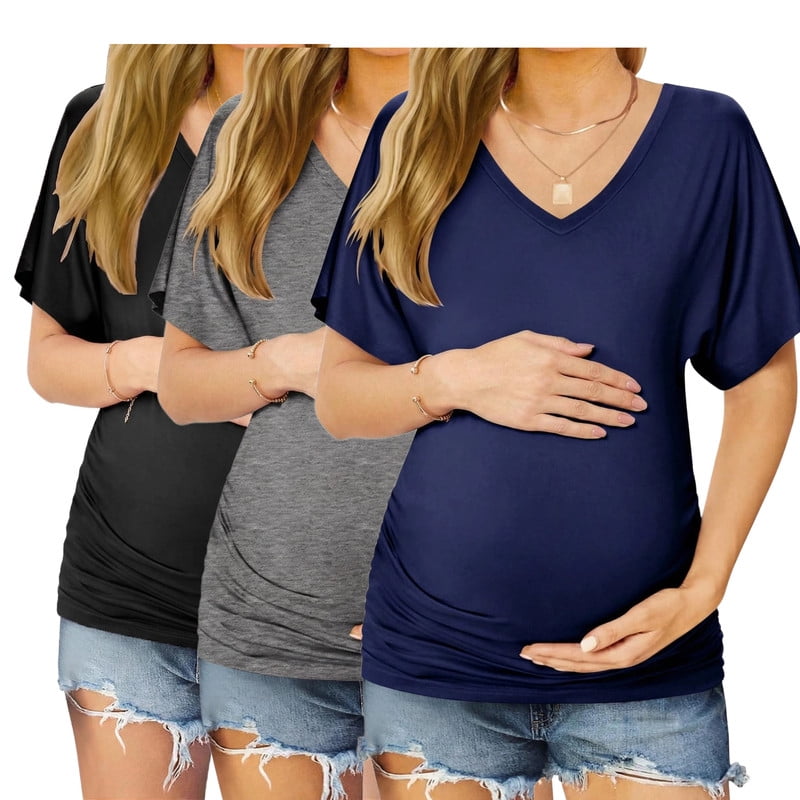 Weardear 3 Pack Maternity Shirts Dolman Sleeve Side Ruched Pregnancy Tee Tops V Neck Postpartum Tunic Blouse