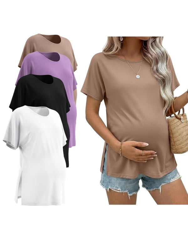 Weardear 4 Packs Maternity Shirts Crew Neck Batwing Short Sleeve Pregnancy Tunic Tops Split Side Summer T Shirt for Women