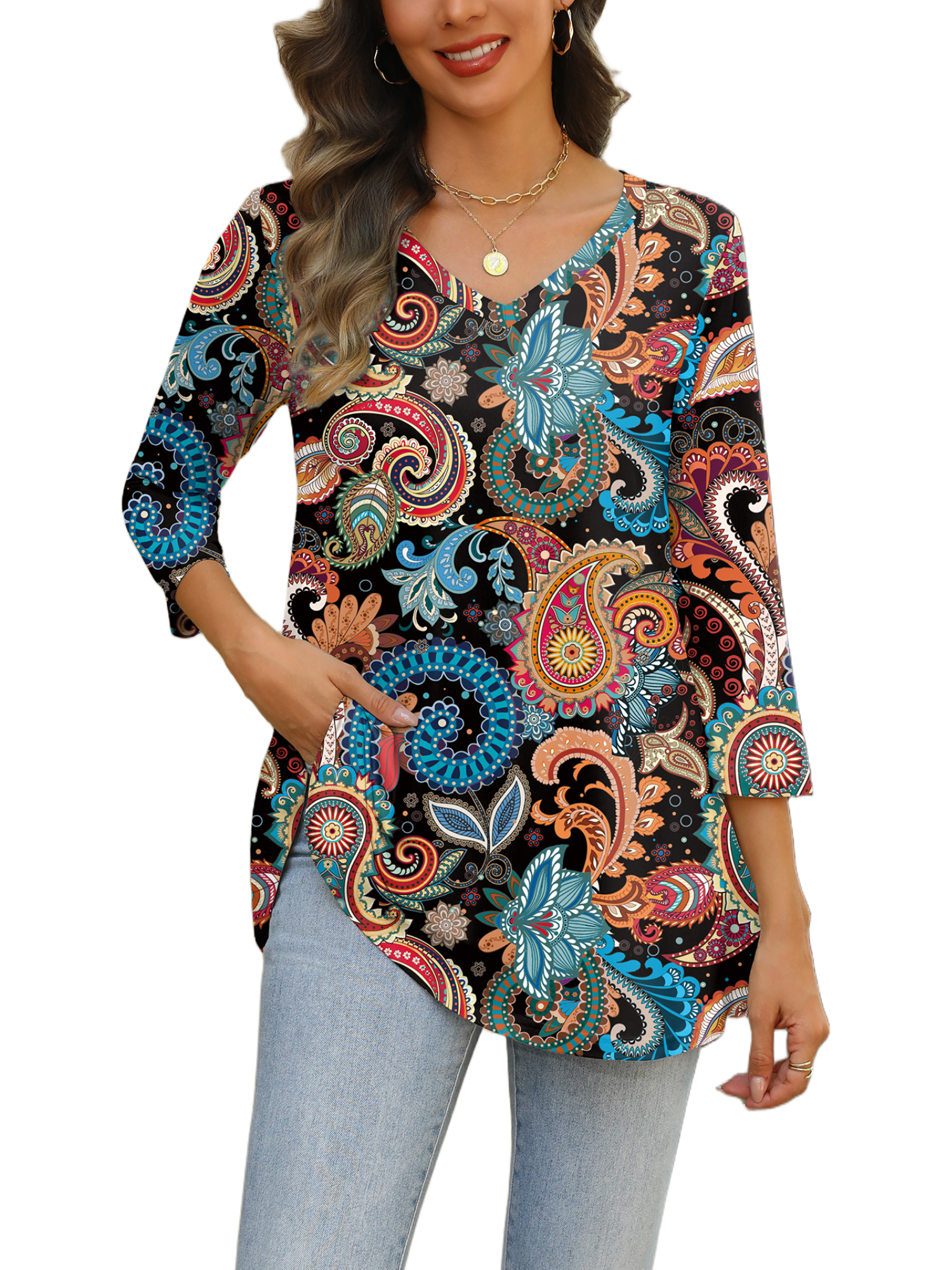 Weardear Womens V Neck 3/4 Sleeve Dressy Blouses Casual Loose Fit Tunic Tops Boho Business Blouses