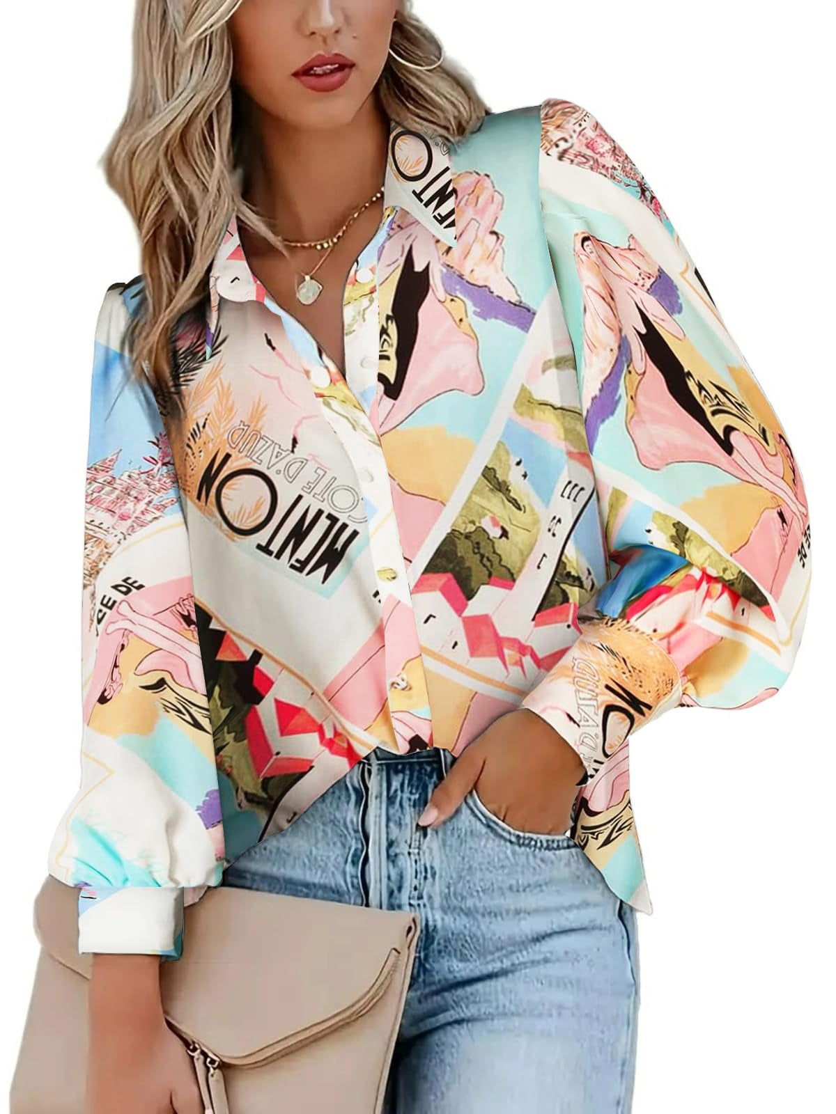 Weardear Womens Shirts Button Down Printed Lantern Long Sleeve Blouse Fashion Casual Tops 2025