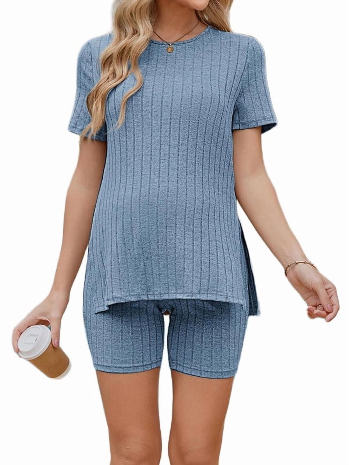 Weardear Maternity Outfits Set 2 Piece Matching Sets Ribbed Knit Side Split Short Sleeve Shirts and Biker Shorts Pregnancy Loungewear
