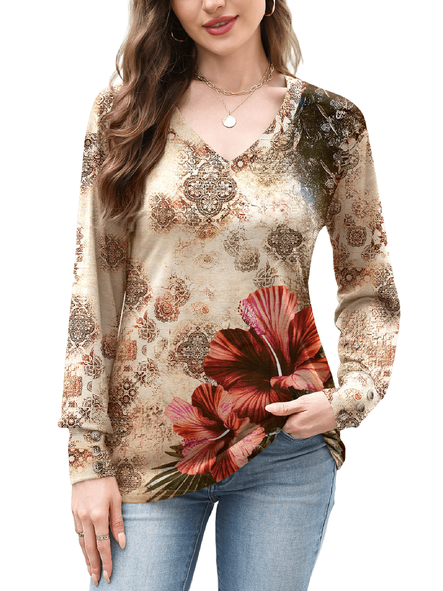 Weardear Women Casual Dressy Tops V Neck Long Sleeve Blouse Loose Fit Trendy Tunic Clothes