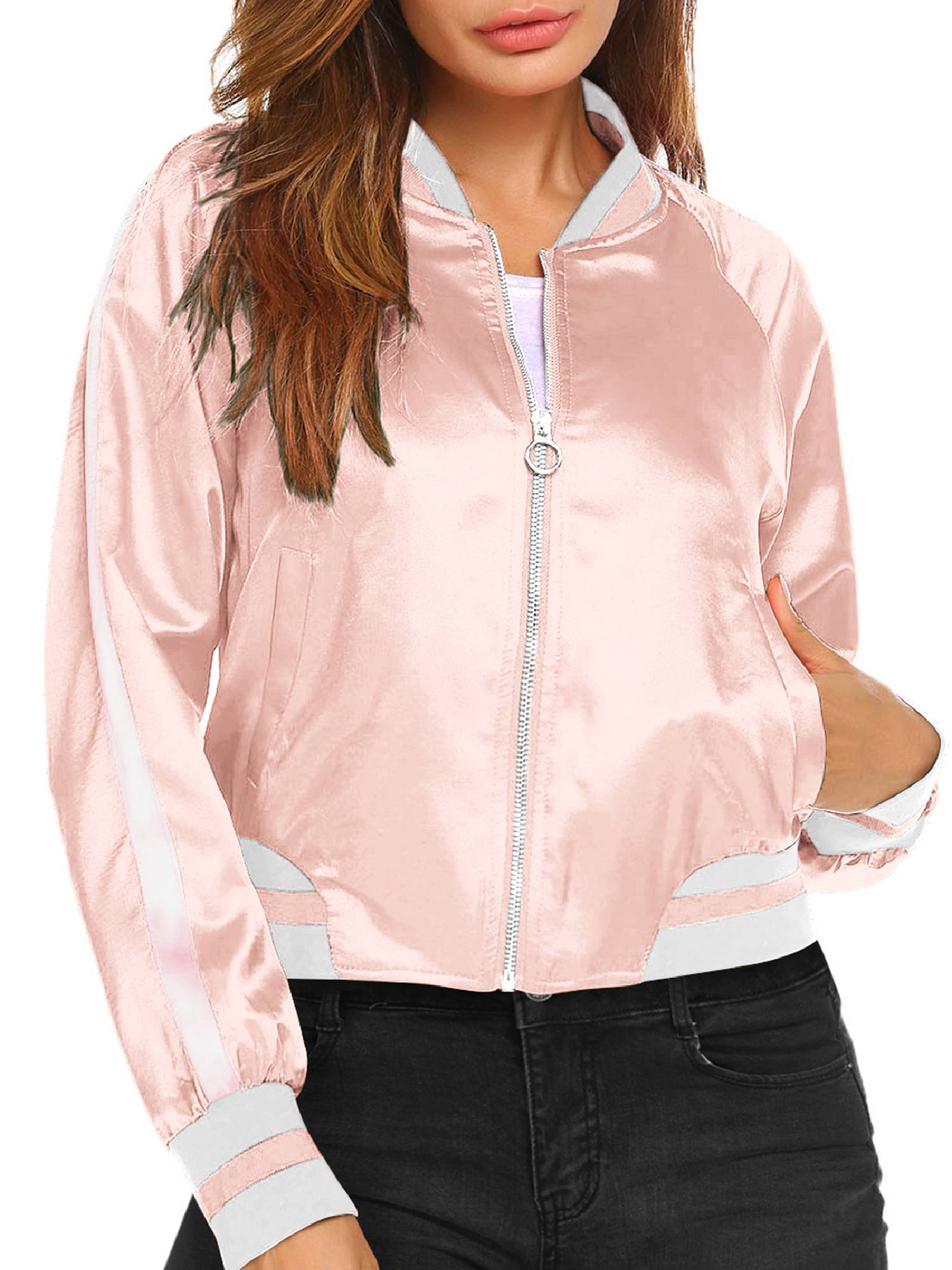 Weardear Women's Bomber Jacket Lightweight Striped Zip Up Casual Windbreaker with Pockets