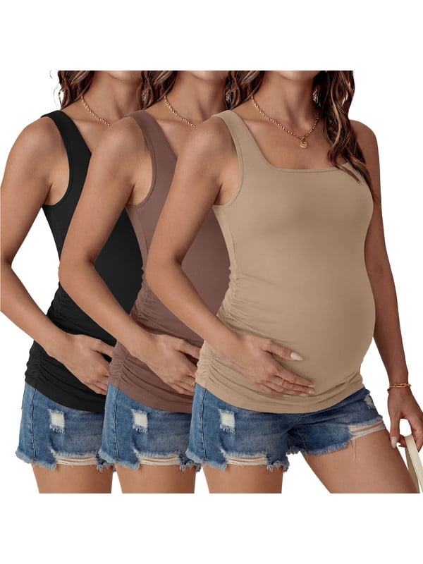 Weardear 3 Pack Womens Maternity Tank Tops Square Neck Ruched Side Pregnant Basic T Shirt Casual Sleeveless Pregnancy Tunic Tops
