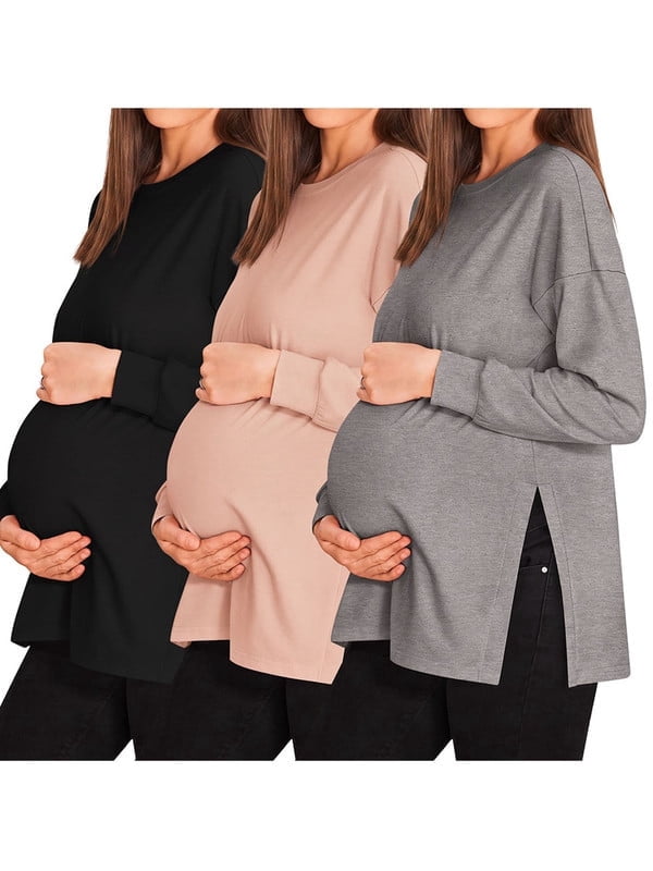 Weardear 3 Pack Maternity Shirts Womens Long Sleeve Split Side Tunic Tops Drop Shoulder T Shirt Casual Pregnancy Clothes