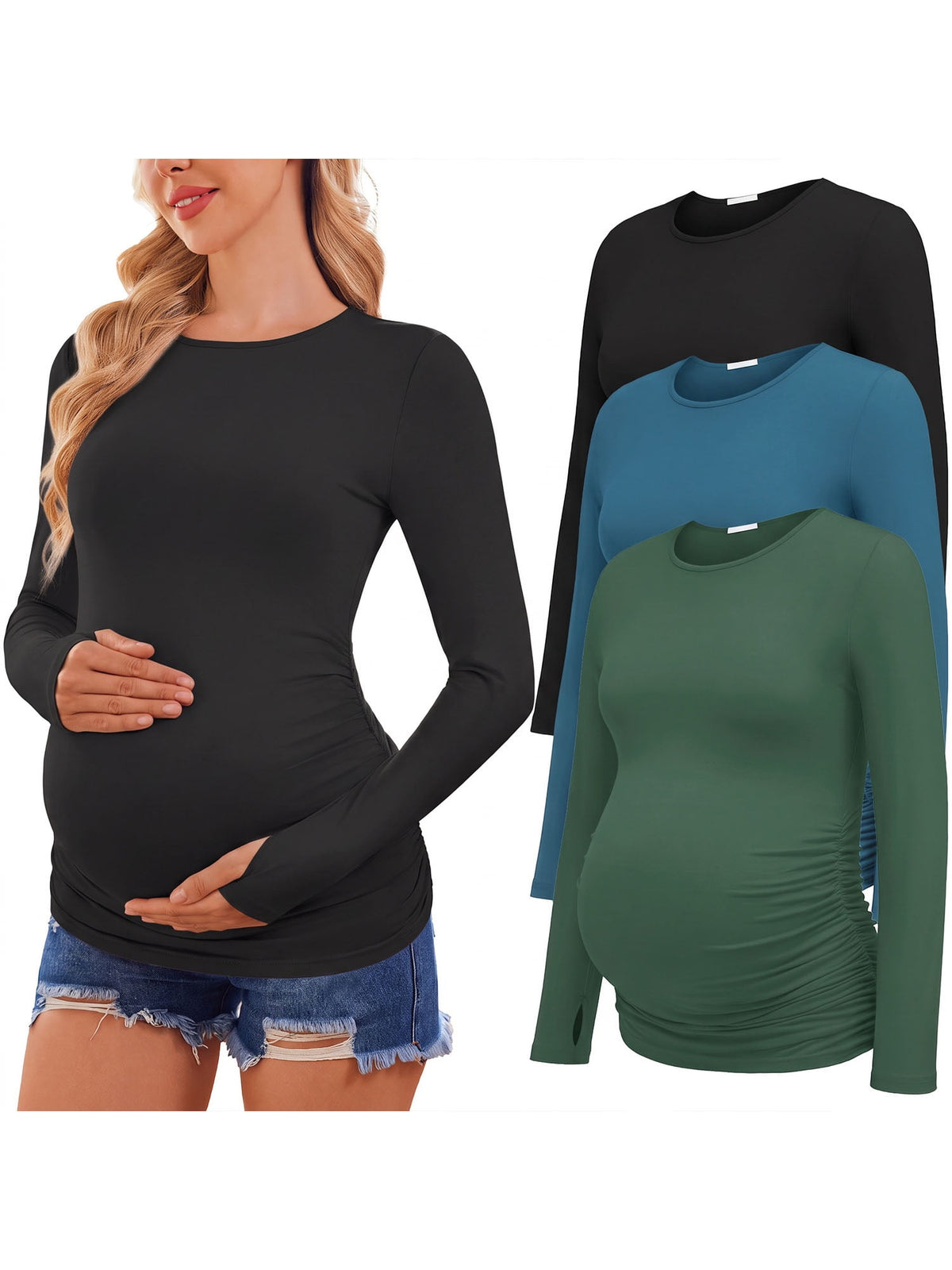Weardear 3 Pack Maternity Shirts Long Sleeve Side Ruched Pregnancy Workout Tops with Thumb Hole Casual Crew Neck Tshirts for Women