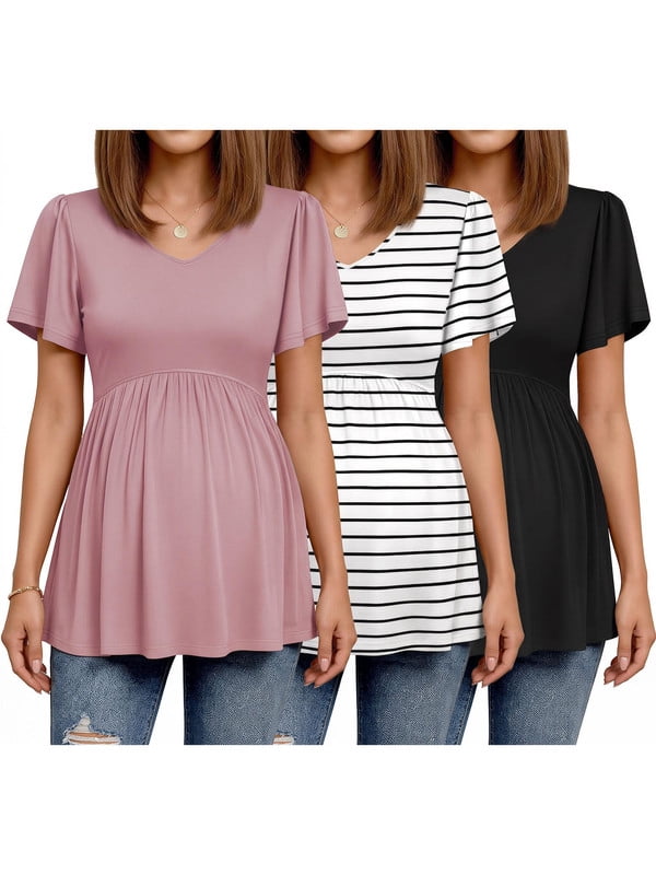 Weardear 3 Packs Womens Maternity Shirts Flying Short Sleeve V Neck T-Shirt Summer Empire Waist Pregnancy Tops