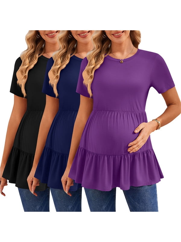 Weardear 3 Pack Maternity Shirts Short Sleeve Peplum Pregnancy Tunic Top Double Pleated Casual Babydoll Blouse for Women