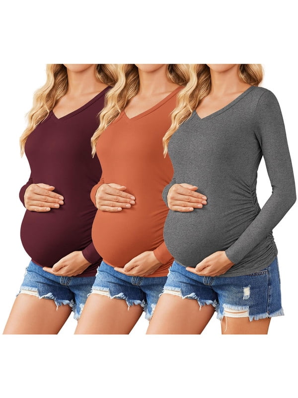 Weardear 3 Pack Maternity Shirt Long Sleeve Side Ruched Pregnancy Tunic Tops Casual V Neck T Shirts for Women