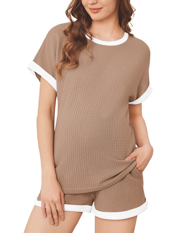 Weardear Maternity Outfits Set 2 Piece Matching Sets Waffle Knit Raglan Short Sleeve Tops and Shorts with Pockets Casual Pregnancy Loungewear