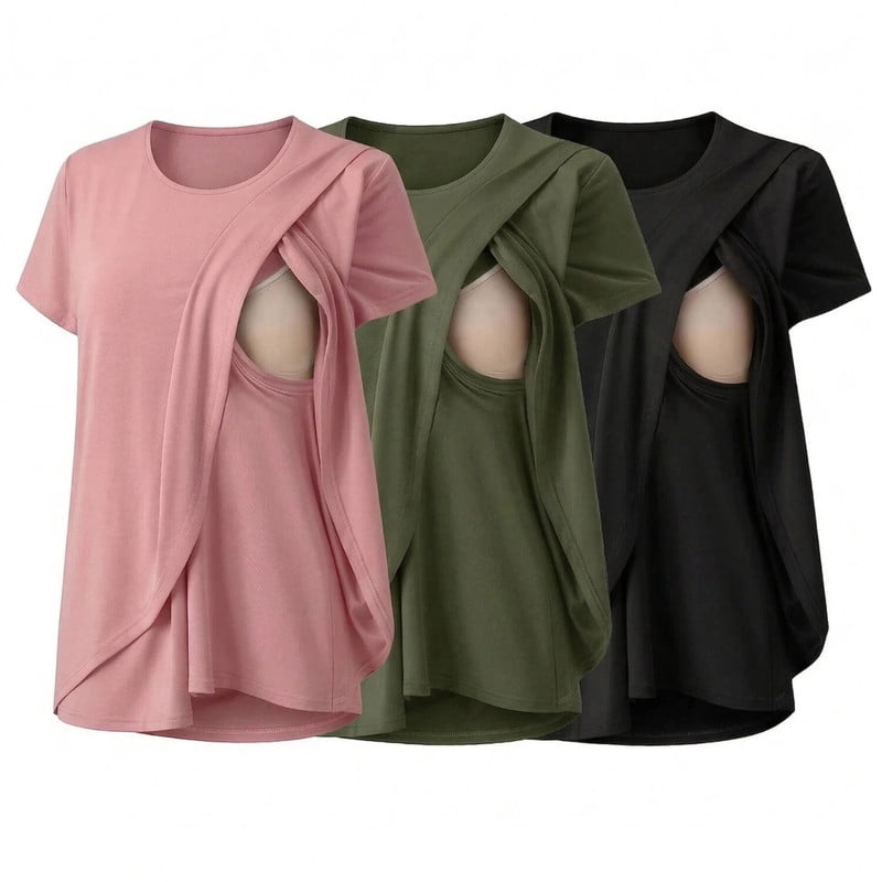 Weardear 3 Pack Maternity Nursing Shirts Double Layer Breastfeeding Tops Short Sleeve Crew Neck Tees Postpartum Clothes